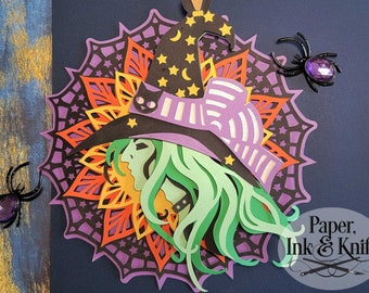 Witch Ornament Halloween Papercut Shadowbox Template, 3D Lightbox,  Svg, Dxf, Pdf, Png, Eps, Commercial Use