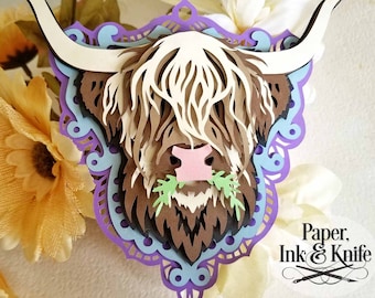 3D Highland Cow Papercut Template SVG, PDF, PNG, Dxf, Layered Paper Ornament Bauble, Shadowbox card, Hand or Machine cut, Commercial Use