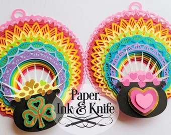 3D Pot of Gold or Heart with Rainbow 4 Design Bundle, SVG, PDF, JPG Dxf, Layered Paper Shadowbox, Hand or Machine cut, Commercial Use