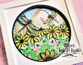 Dragonfly Garden 3D SVG Papercut Shadowbox Template, 12 layers, Dxf, Pdf, Png, Eps, Commercial Use