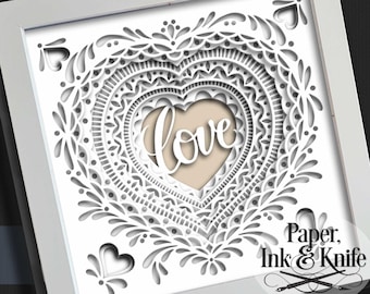 Heart Papercut 3D SVG Shadowbox Template, 3D Valentine, Wedding, customizable, Instant Download, Machine or Hand cut DXF, PDF, EpS