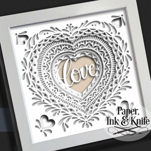 Modèle Shadowbox SVG Papercut 3D coeur, Saint-Valentin 3D, mariage, personnalisable, téléchargement immédiat, découpé à la machine ou à la main DXF, PDF, EpS