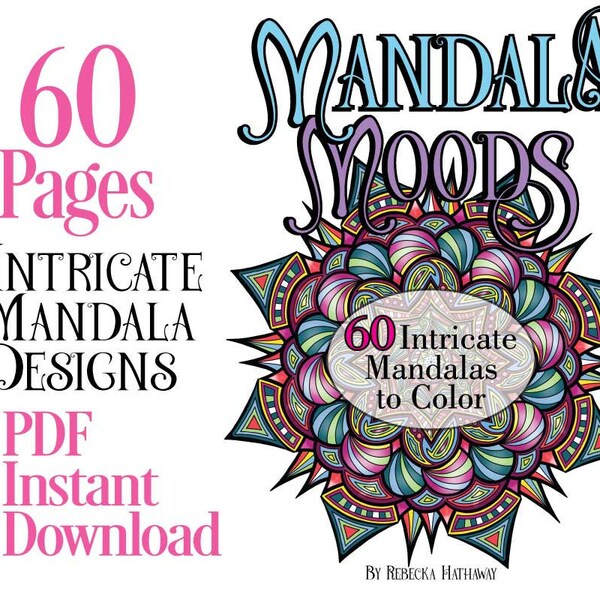 Libro para colorear para adultos, Mandala Moods, Descarga digital imprimible, 60 páginas para colorear, complejo PDF de 8,5 x 11