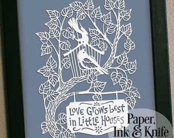 Love Grows Best in Little Houses. Papercut template Birdhouse and birds. Commercial or personal use. Includes PDF and SVG files.