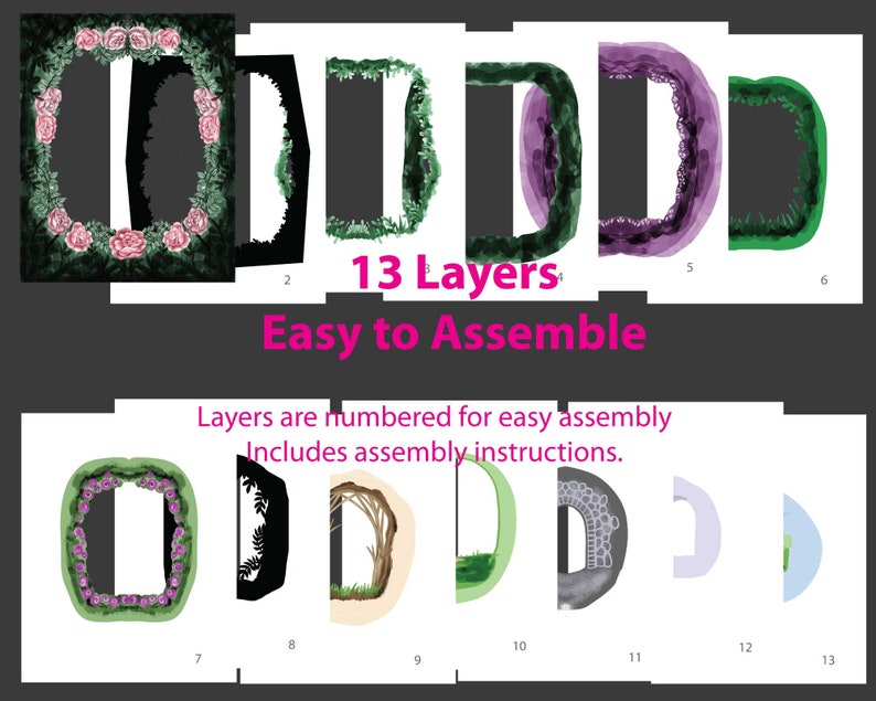 May include: A layered paper craft project with 13 layers, featuring floral and nature-themed designs. The image includes the text "13 Layers" and "Easy to Assemble," with numbered layers for easy assembly and instructions.