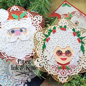 Conjunto de modelos de corte de papel 3D do Papai Noel e da Sra. Claus, SVG, PDF, Dxf, ornamento de papel em camadas, cartão Shadowbox, corte à mão ou à máquina, uso comercial