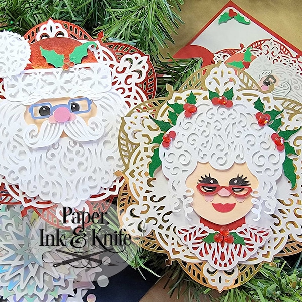 Santa and Mrs Claus 3D Papercut Template set, SVG, PDF, Dxf, Layered Paper Ornament, Shadowbox card, Hand or Machine cut, Commercial Use