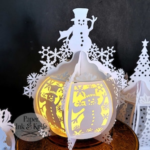 Lanterne en papier découpé bonhomme de neige SVG 3D, luminaire de Noël, caisson lumineux, PDF, Eps, PNG, Dxf, usage Commercial
