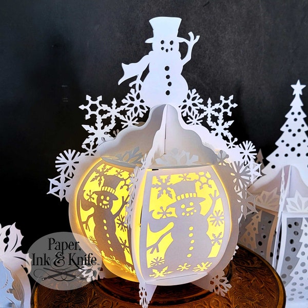 3D SVG Snowman Paper Cut Lantern, Christmas Luminary, Lightbox, PDF, Eps, PNG, Dxf, Commercial Use