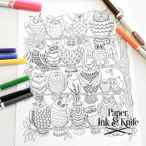 The Owls Roost Printable Coloring Page Downloadable Adult coloring page. 8.5 x 11 size detailed and gorgeous. Print and color PDF, PNG file