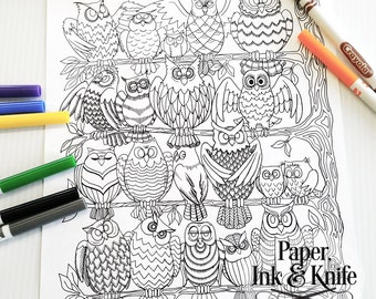 The Owls Roost Printable Coloring Page Downloadable Adult coloring page. 8.5 x 11 size detailed and gorgeous. Print and color PDF, PNG file