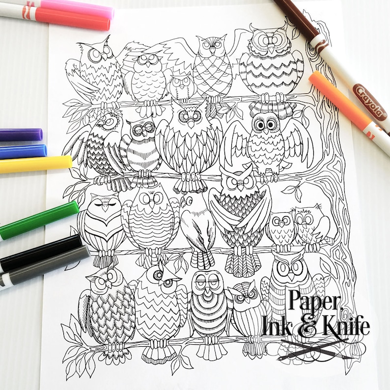 The Owls Roost Printable Coloring Page Downloadable Adult coloring page. 8.5 x 11 size detailed and gorgeous. Print and color PDF, PNG file image 1