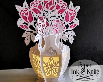 3D SVG Roses in Vase Paper Cut Lantern, Quick and Beautiful Lightbox, PDF, Eps, PNG, Dxf, Commercial Use
