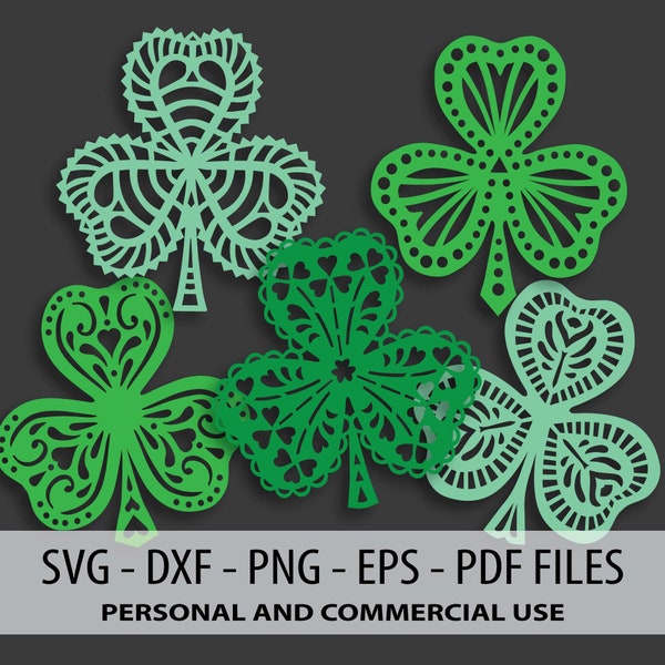 Shamrocks 5 Designs, Intricate Mandala Ornament, Instant Download, Machine or Hand cut SVG, DXF, PDF, Eps, Png Commercial use