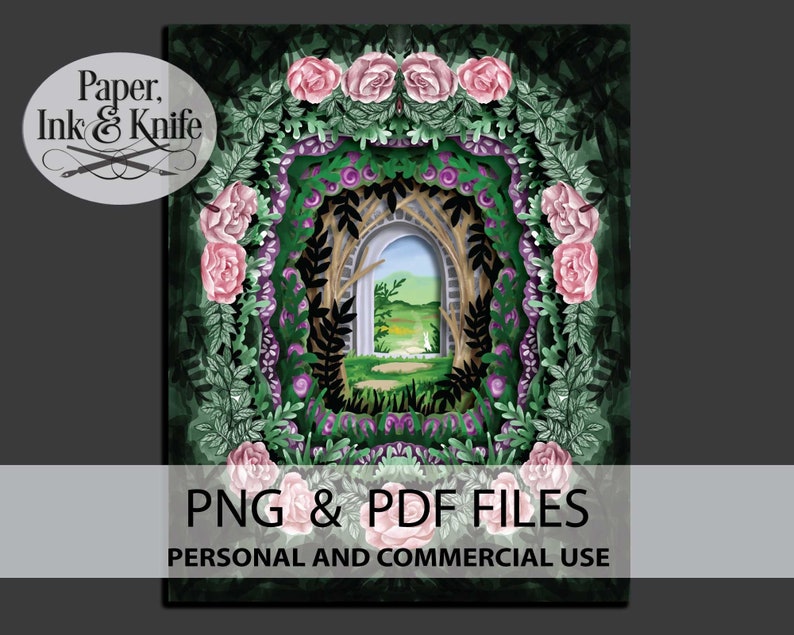 May include: An artistic illustration featuring a layered garden scene with a window overlooking a landscape. Pink roses and green foliage frame the view. The image includes the text "Paper, Ink & Knife" and "PNG & PDF FILES PERSONAL AND COMMERCIAL USE."