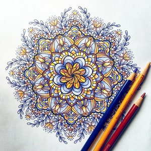 May include: A detailed mandala design with blue, yellow, and orange colors. The mandala is surrounded by a border of leaves and flowers.