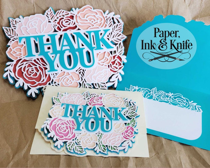 3D Thank You Card Papercut Template SVG, PDF, JPG Dxf, Layered Paper Mandala Shadowbox card, Hand or Machine cut, Commercial Use image 2