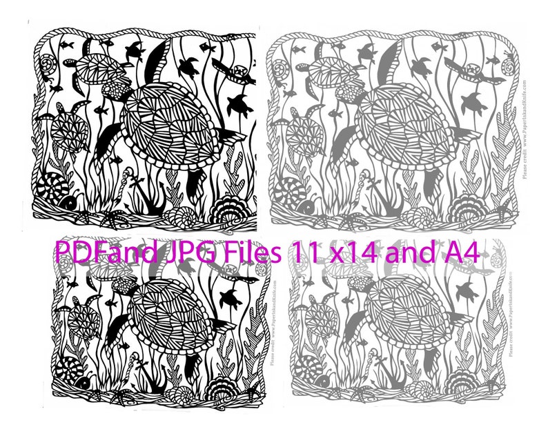 A4 Sea Turtles Intricate Papercut Template Hand cut only PDF JPG files 11x14 commercial use,