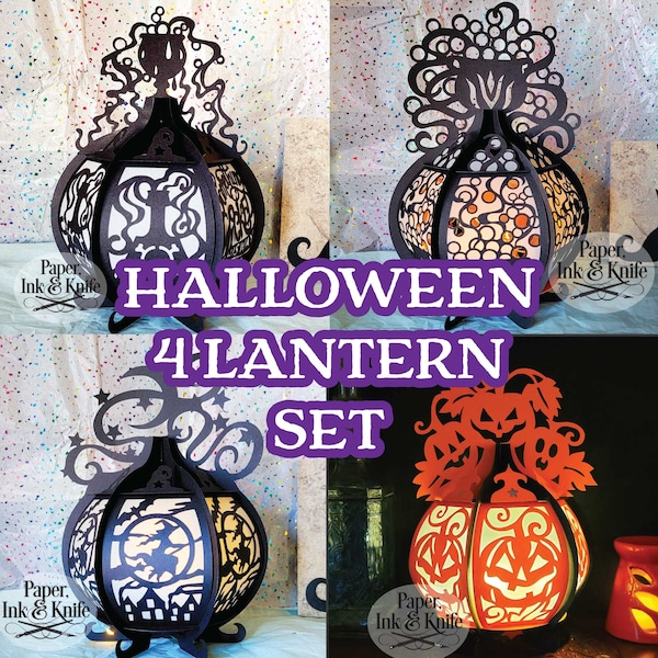 3D SVG Round Lantern Set of 4, Cauldron, Witch, Poison, Jack-o-lantern, Halloween Lightbox, PDF, Eps, PNG, Dxf, Commercial Use