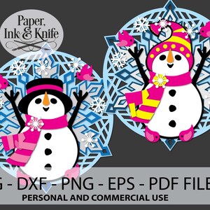 Conjunto de ornamento de boneco de neve, cartola ou boné de meia, modelo de corte de papel SVG 3D, PDF, PNG Dxf, ornamento de papel em camadas para uso comercial
