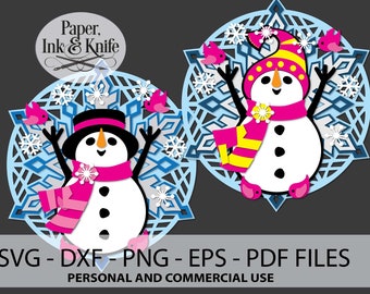 Snowman Ornament Set, Top Hat or Stocking Cap, 3D SVG Papercut Template, PDF, PNG Dxf, Layered Paper Ornament Commercial Use