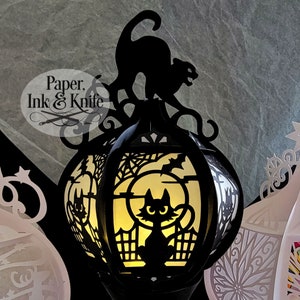 Lanterne ronde en papier découpé SVG 3D, chat d'Halloween, Lightbox, PDF, Eps, PNG, Dxf, usage Commercial