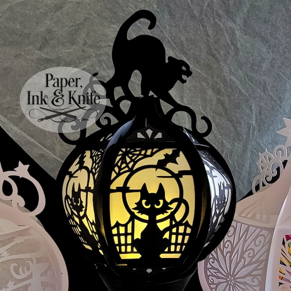 3D SVG Round Paper Cut Lantern, Halloween Cat, Lightbox, PDF, Eps, PNG, Dxf, Commercial Use