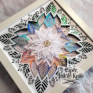 Poinsettia 3D SVG Papercut Shadowbox Template, 6 couches et plus, Lightbox en papier, Comprend SVG, Dxf, Pdf, Png, Eps, Utilisation commerciale