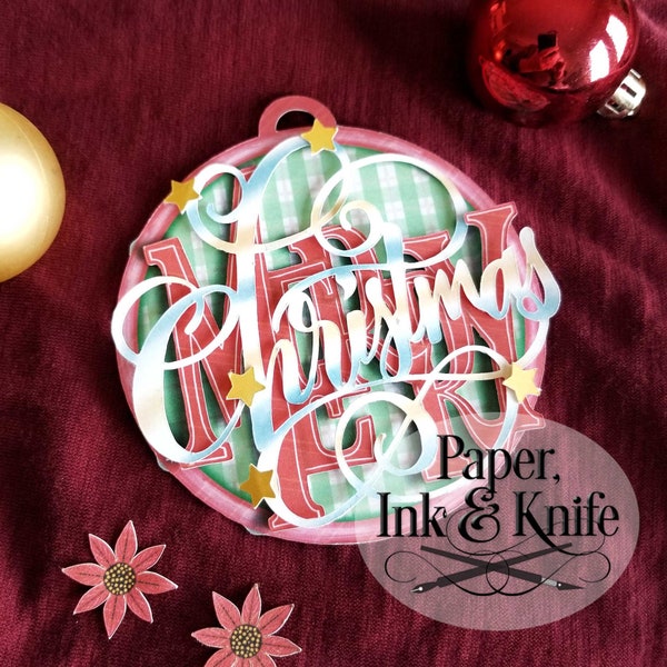 Merry Christmas 3D Papercut Layered Christmas Ornament Bauble,Shadowbox card, Print and Cut, Hand or Machine cut,  PDF, JPG, Svg, Dxf,