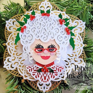 Mrs Santa 3D Papercut Template SVG, PDF, Png, Dxf, Bauble d’ornement en papier superposé, carte Shadowbox, découpe à la main ou à la machine, utilisation commerciale