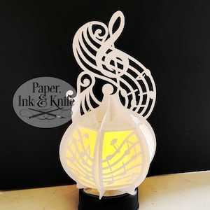 Lanterna redonda de corte de papel com símbolos musicais SVG 3D, luminária G Clef, lightbox, PDF, Eps, PNG, Dxf, uso comercial