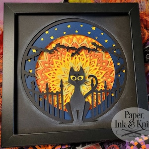 Chat lune Halloween 3D SVG Papercut Shadowbox modèle, papier Lightbox, comprend Svg, Dxf, Pdf, Png, Eps, usage Commercial