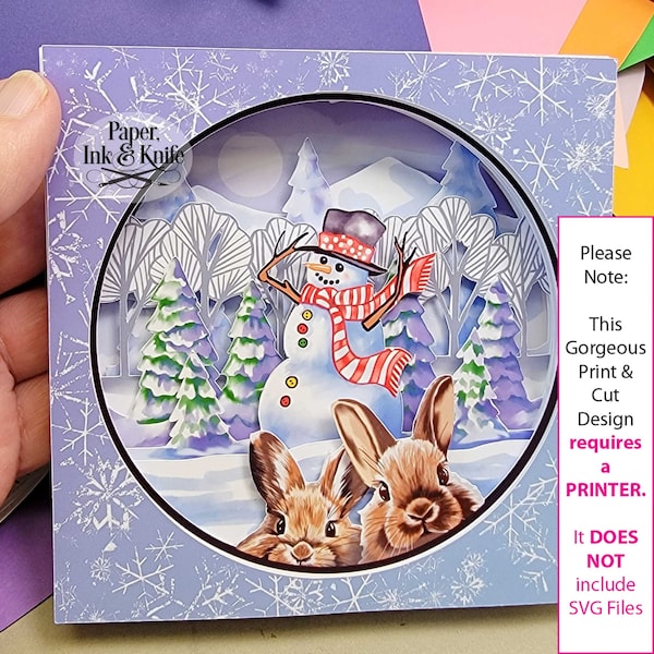 3D Print & Cut Snowman en Bunny Papercut Shadow Box Template, PNG, PDF, 9 lagen commercieel gebruik, vereist een printer