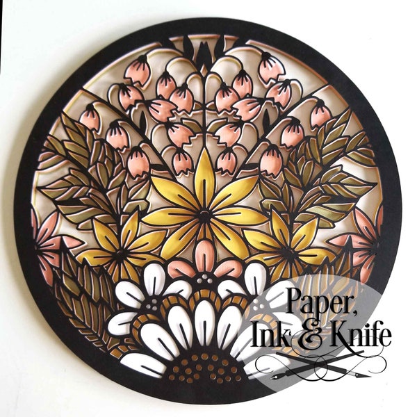 Plantilla Doodle Garden Mandala Papercut Shadowbox, diseño en capas 3D, descarga instantánea DiY, corte a máquina o a mano SVG, DXF, uso comercial PDF