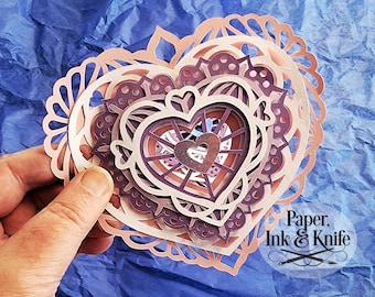 Heart Hollow Card and Ornament, Papercut Template SVG, PDF, PNG Dxf, 3D Layered Paper Shadowbox card, Commercial Use