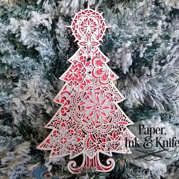 Mandala de árbol de Navidad, plantilla de corte de papel 3D SVG, PDF, JPG Dxf, tarjeta Shadowbox en capas, corte a mano o a máquina, uso comercial