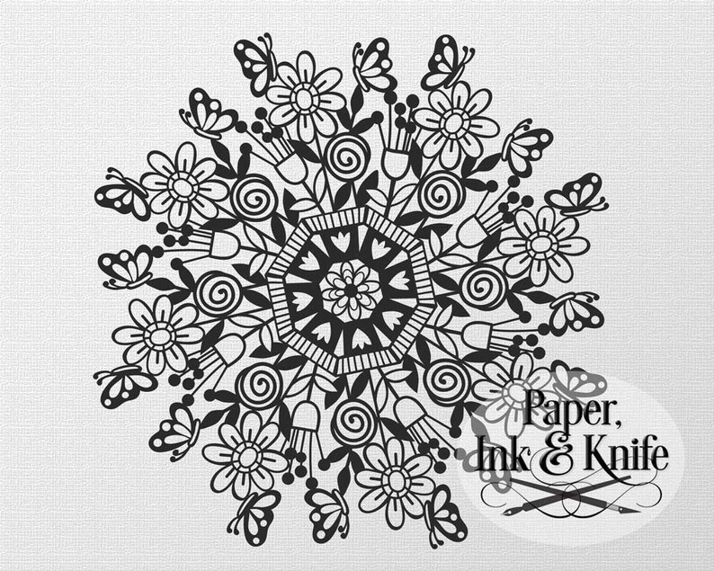 DXF Papercut Template Flowerpots and Butterflies Mandala round floral design PDF Commercial use digital download Machine or Hand cut SVG