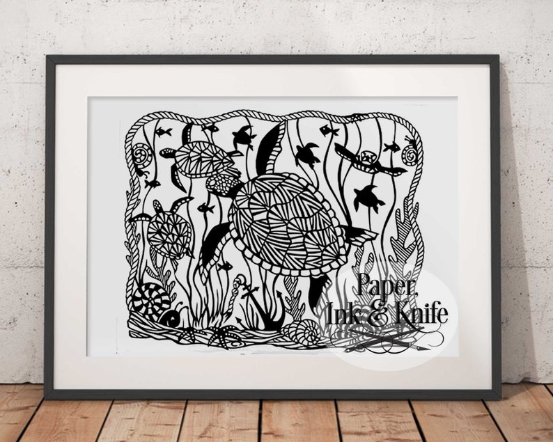 A4 Sea Turtles Intricate Papercut Template Hand cut only PDF JPG files 11x14 commercial use,