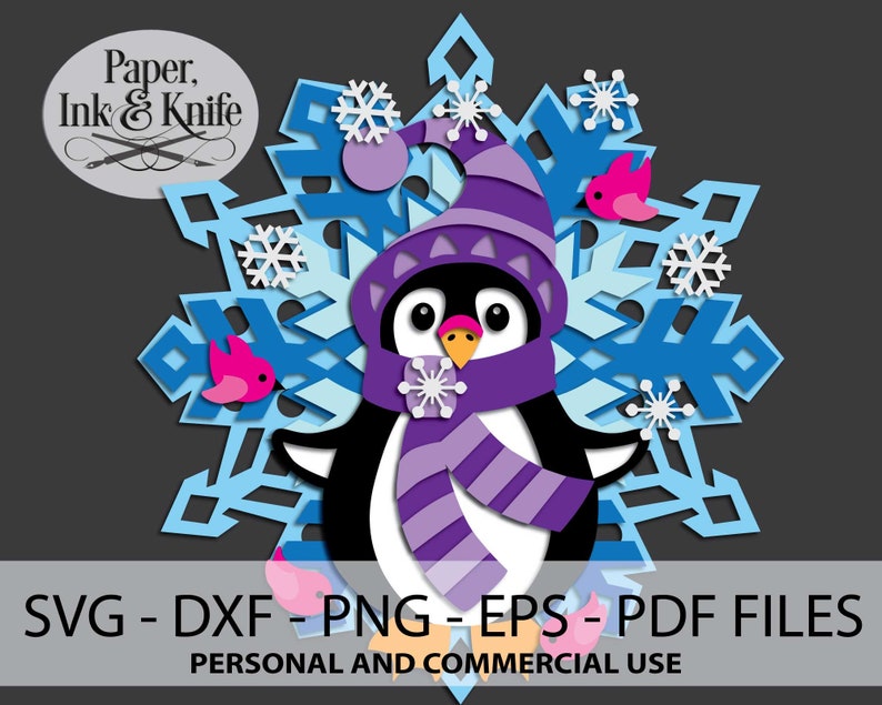 Penguin Snowflake Ornament, 3D SVG Papercut Template, PDF, PNG Dxf ...
