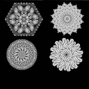 May include: Four intricate black and white mandala designs. Each mandala features a unique pattern with delicate details. The mandalas are arranged in a square format.