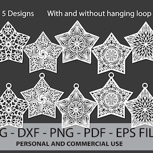 スター 5 デザイン、複雑なマンダラ装飾、即時ダウンロード、機械または手でカットされた SVG、DXF、PDF、Eps、Png 商用利用