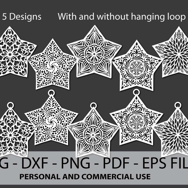 5 diseños de estrellas, adorno de mandala intrincado, descarga instantánea, cortado a máquina o a mano en SVG, DXF, PDF, Eps, Png. Uso comercial.