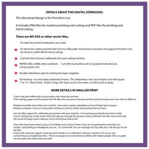 May include: A white document with black text detailing a digital download for print-then-cut projects. Includes PNG and PDF files, and lists required materials like a cutting machine, printer, cardstock, and double-sided foam tape. The document also provides troubleshooting tips.