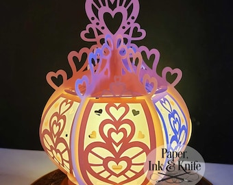 3D SVG Hearts Paper Cut Lantern, Valentine Wedding Luminary, Lightbox, PDF, Eps, PNG, Dxf, Commercial Use