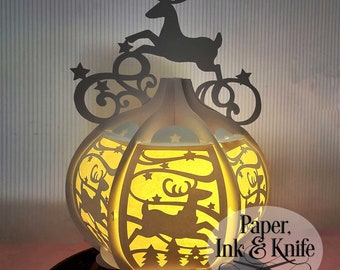 3D SVG Round Reindeer Paper Cut Lantern, Lightbox, PDF, Eps, PNG, Dxf, Commercial Use