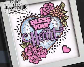 Bless Your Heart 3D SVG Layered Papercut Shadowbox Template, 11 layers, Includes SvG, Dxf, Pdf, Png, Eps, Commercial Use