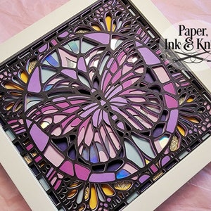 Papillon 3D SVG Vitrail Style Papercut Shadowbox Modèle, 9 couches, Comprend SvG, Dxf, Pdf, Png, Eps, Usage Commercial