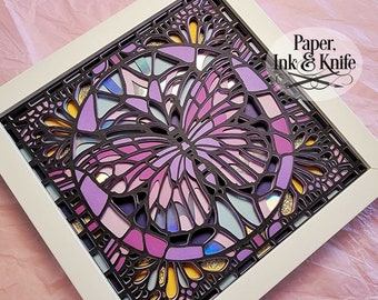 Butterfly 3D SVG Stained Glass Style Papercut Shadowbox Template, 9 layers, Includes SvG, Dxf, Pdf, Png, Eps, Commercial Use