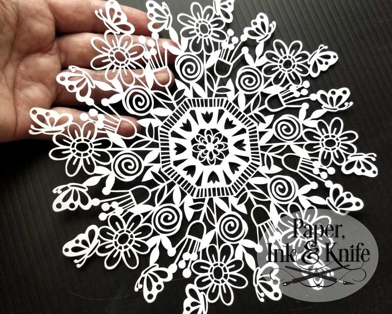 DXF Papercut Template Flowerpots and Butterflies Mandala round floral design PDF Commercial use digital download Machine or Hand cut SVG