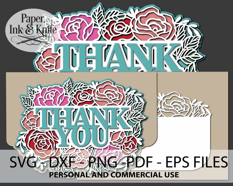 3D Thank You Card Papercut Template SVG, PDF, JPG Dxf, Layered Paper Mandala Shadowbox card, Hand or Machine cut, Commercial Use image 3
